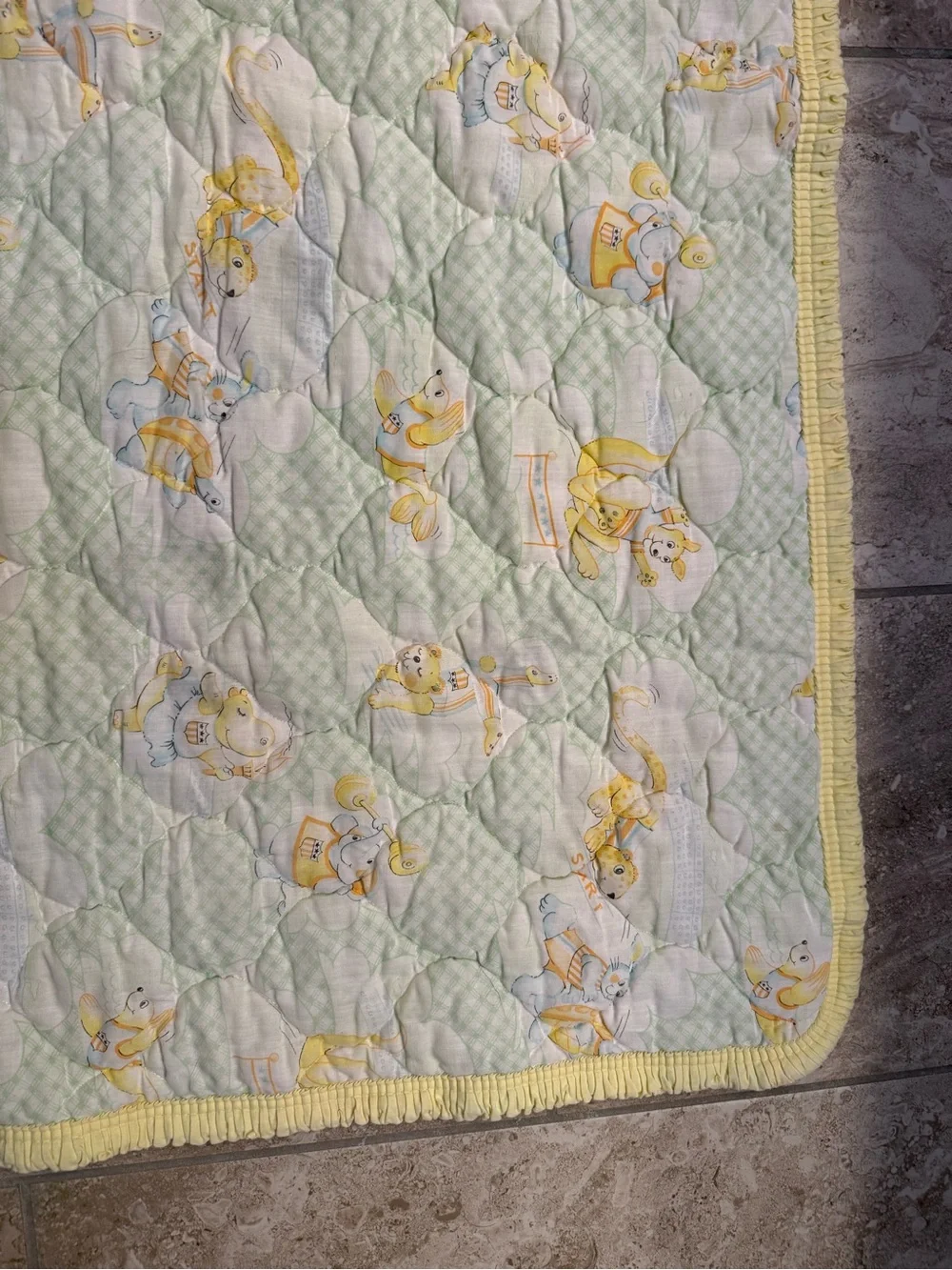 Vintage 1978 Dundee Mills Yellow Baby Quilted Crib Blanket with Animal Print
